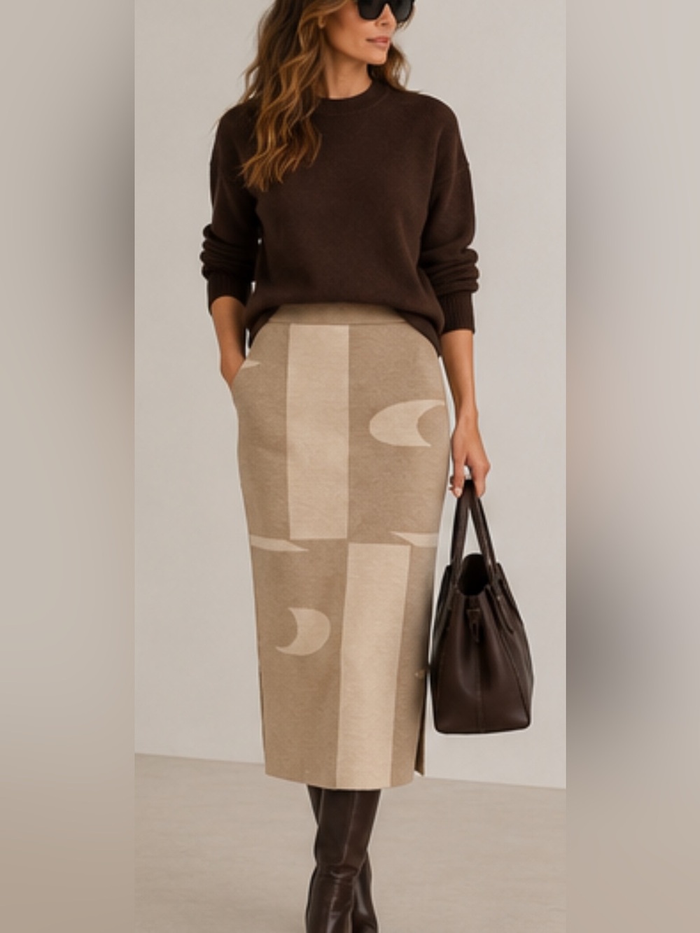 NWT HUGO BOSS 100% Virgin Wool Neutral Beige Block-Pattern Knit Midi Skirt US M